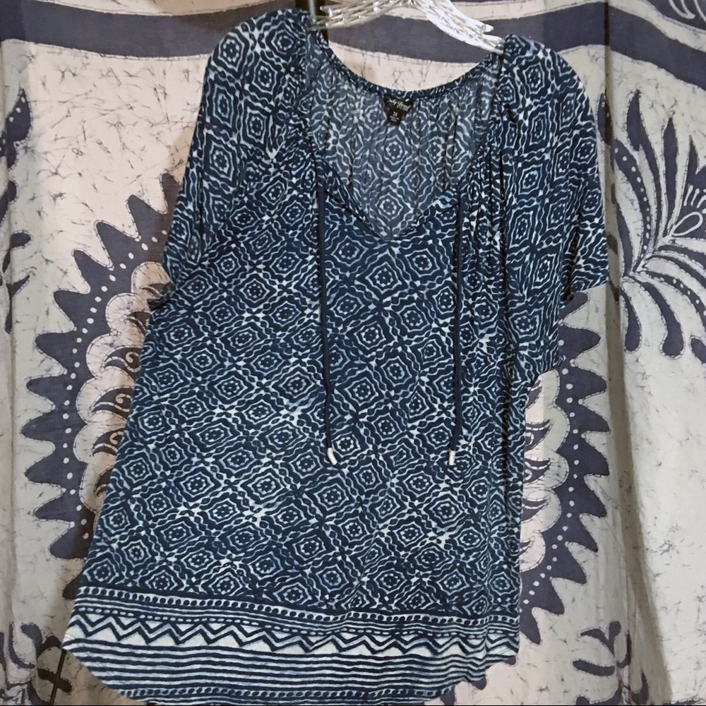 Lucky Brand Blue Batik Top 3X Short Sleeve